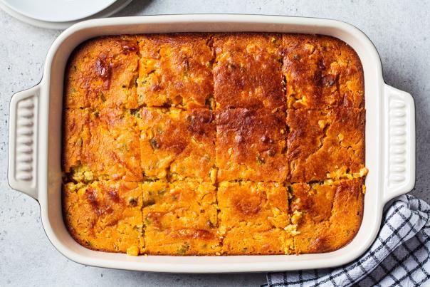 Golden cornbread in a baking dish