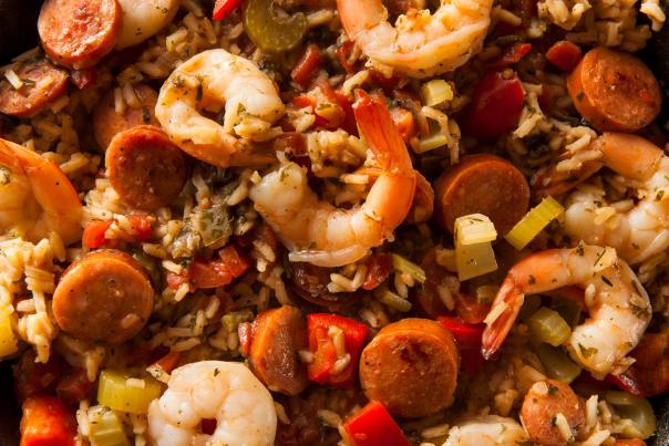 Jambalaya with shrimp, rice, and sausage