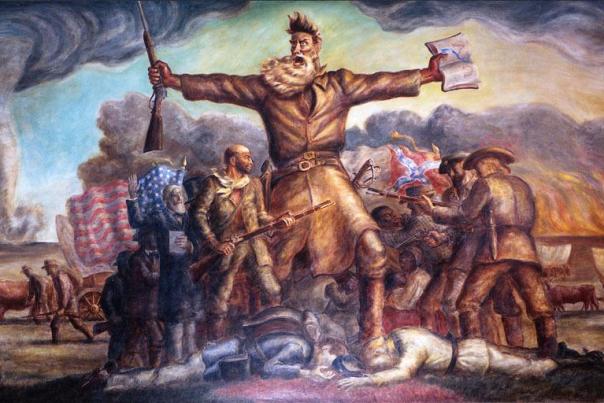 John Brown stands in front of a group of Union and Confederate militiamen battling